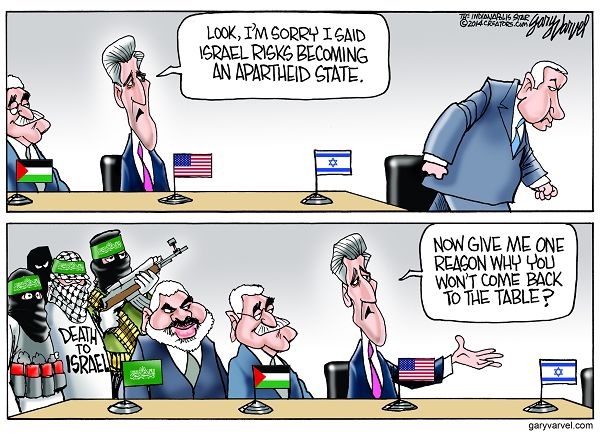 Cartoonist Gary Varvel: John Kerry's apology and Middle East pea